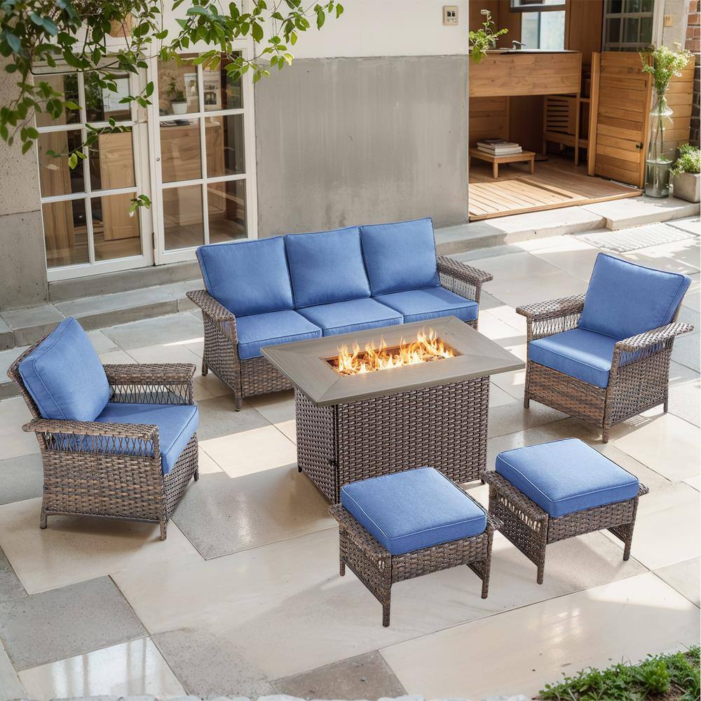 Brown 6-Piece Wicker Outdoor Patio Rectangular Fire Pit Conversation Set, Sofa Seating Set with Navy Blue Cushions price history on PriceWatchPro