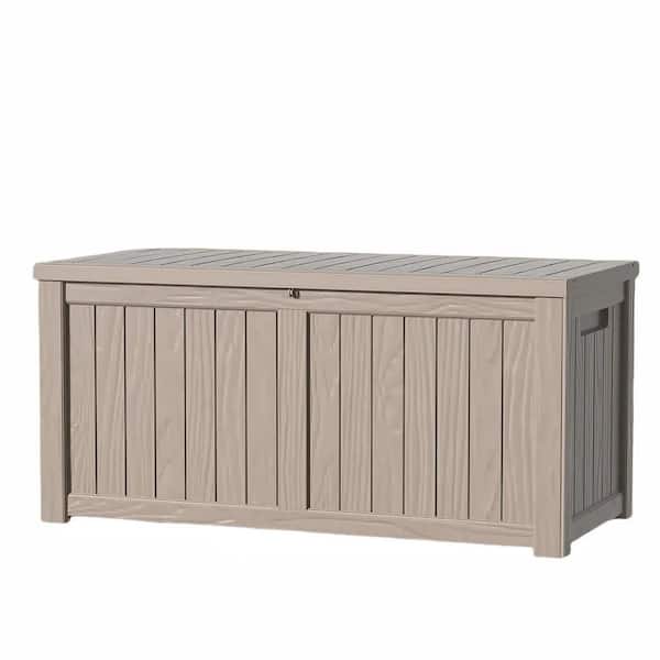 120 Gal. Large Plastic Outdoor Storage Deck Box in khaki
