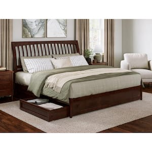 Roslyn Walnut Brown Solid Wood Frame King Platform Bed with Panel Footboard and Storage Drawers