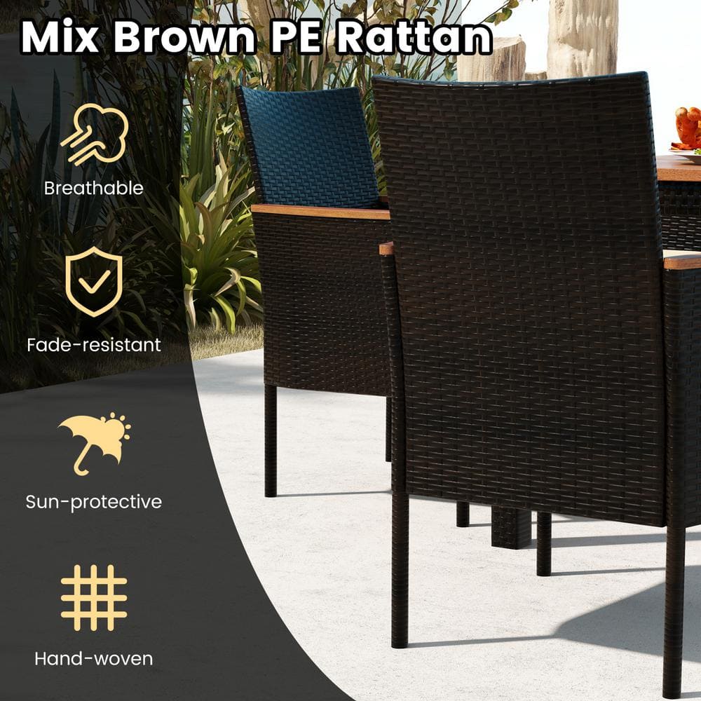 7-Piece Brown Acacia Wood and Rattan Dining Set with Beige Cushions