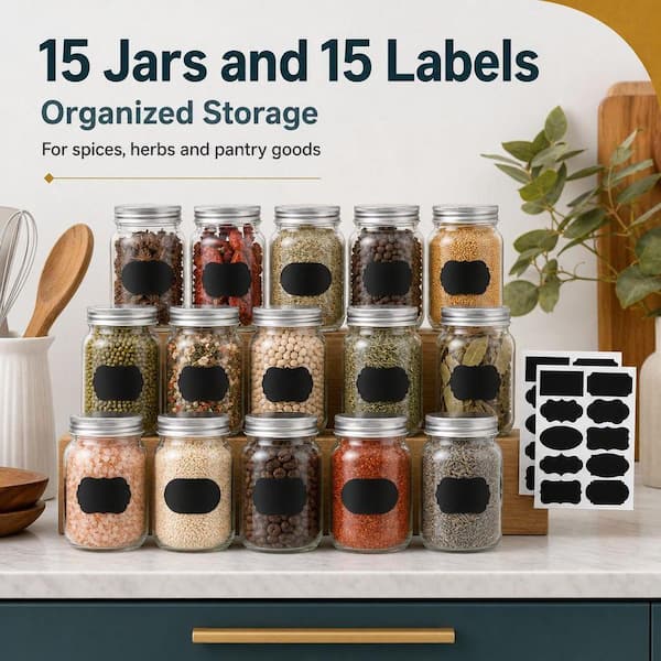Wudkey 15-Piece Glass Mason Jars with Lids Regular Mouth, Food Storage with 20 Labels, Bulk Pint Clear Glass Jars for Meal Prep
