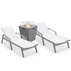 Marlin Modern Grey Aluminum Outdoor Chaise Lounge Chair With Arms Set of 2 and Fire Pit Table, White