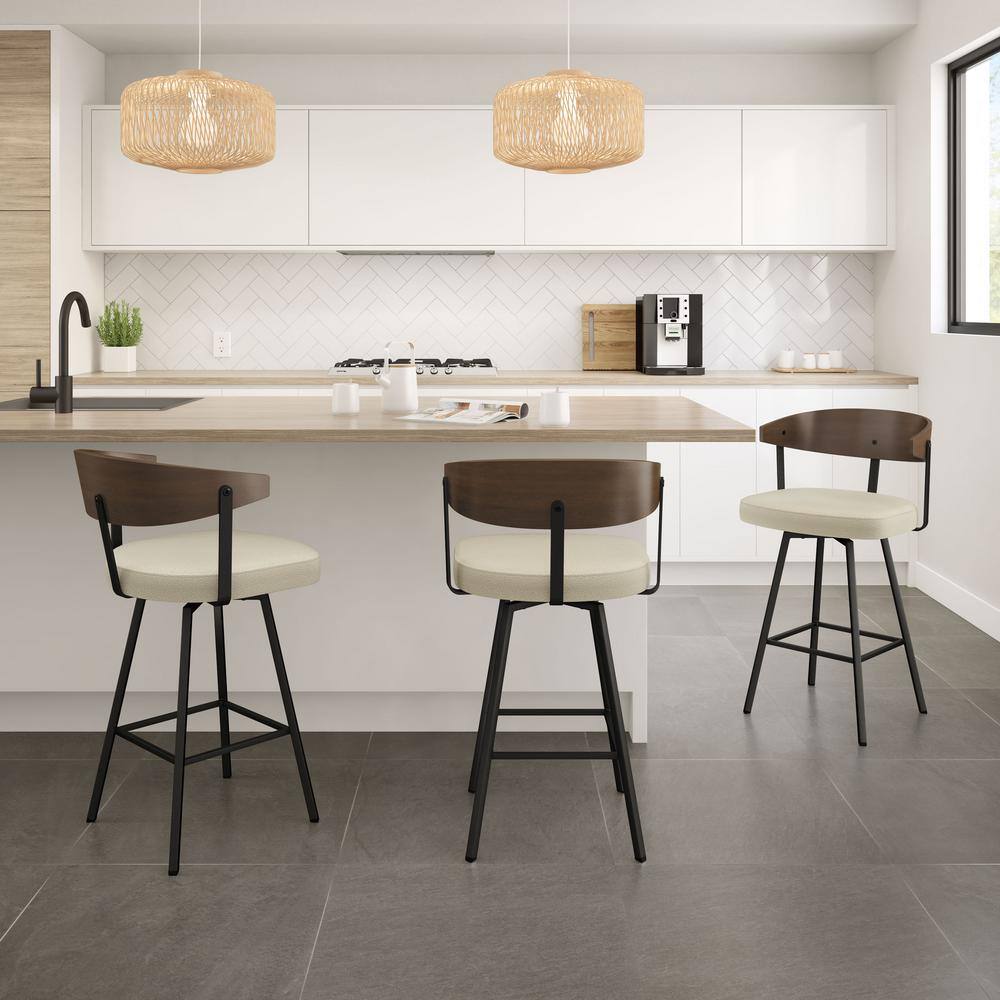 Cream Bouclé Swivel Counter Stool with Wooden Back