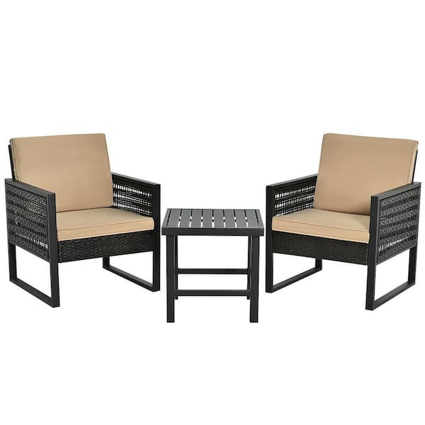 ANGELES HOME 3-Piece Rattan Wicker Bistro Patio Conversation Set with Brown Cushions
