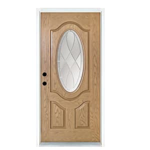 36 in. x 80 in. Light Oak Right-Hand Inswing 3/4 Oval Decorative Lite Zen Stained Fiberglass Prehung Front Door