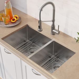 Standart PRO 33 in. Undermount Double Bowl 16 Gauge Stainless Steel Kitchen Sink with Faucet in Stainless Steel