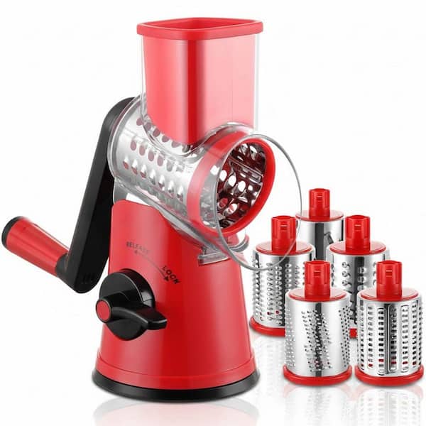 Red Rotary Cheese Grater with 5 Stainless Steel Blades and Handle for Cheese, Vegetables, Ice, Nuts, Fruit