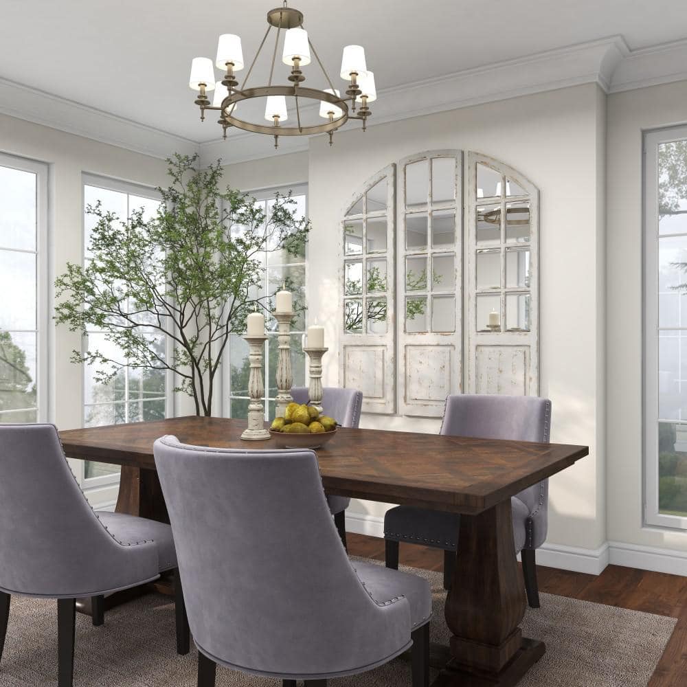 White Distressed Wood Windowpane Arched Decorative Mirror Set