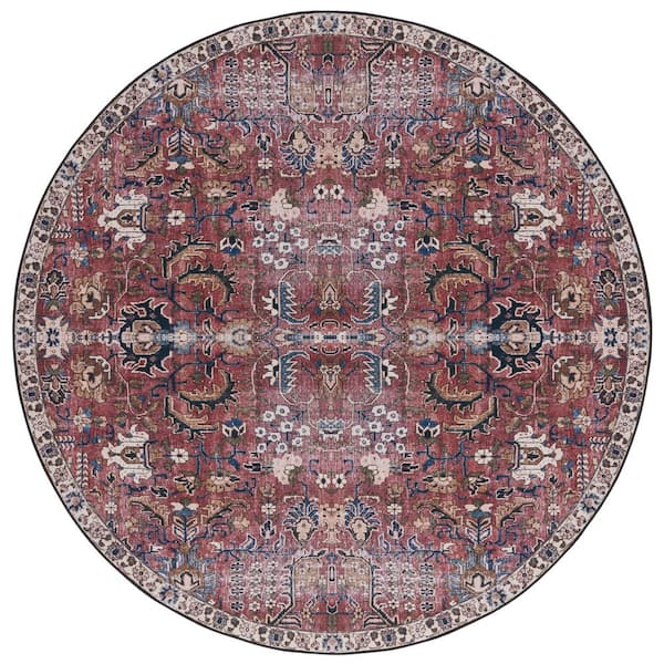 SAFAVIEH Tucson Red/Beige 6 ft. x 6 ft. Machine Washable Distressed Border Floral Round Area Rug