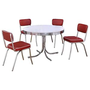 Retro 5-Piece Round White and Red Wood Top Dining Room (Set Seats-4)