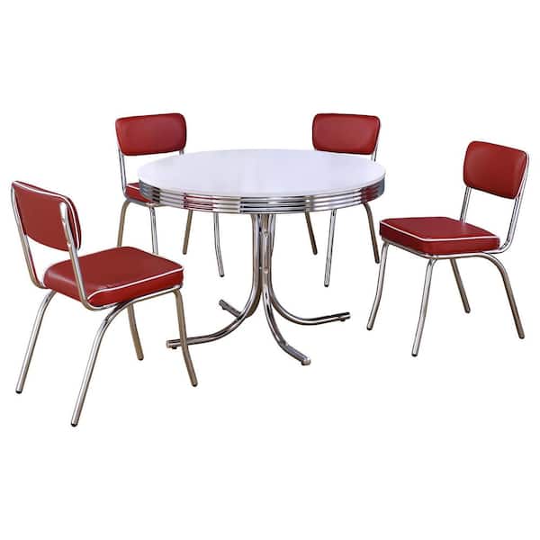 Retro 5-Piece Round White and Red Wood Top Dining Room (Set Seats-4)