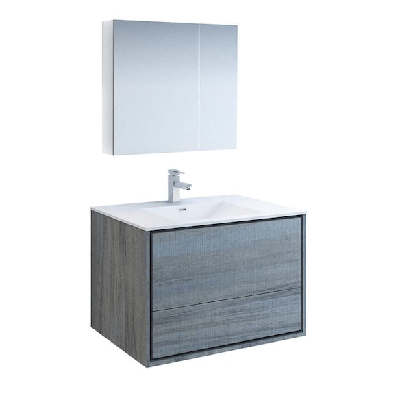 Fresca Catania 36 in. Modern Wall Hung Vanity in Ocean Gray with Vanity Top in White with White Basin and Medicine Cabinet