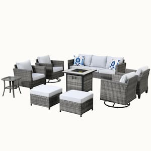 Mars Gray 9-Piece 7-People Wicker Patio Conversation Fire Pit Sofa Set with Light Gray Cushion and Swivel Rocking Chairs