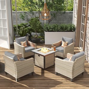 Oconee Beige 5-Piece Modern Outdoor Patio Conversation Sofa Seating Set with a Fire Pit and Dark Grey Cushions