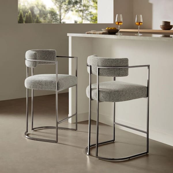 Huron Modern Barrel Counter Stool with Sled Base in Silver Wheat – Fabric Upholstered Curved Back Stool with Metal Frame