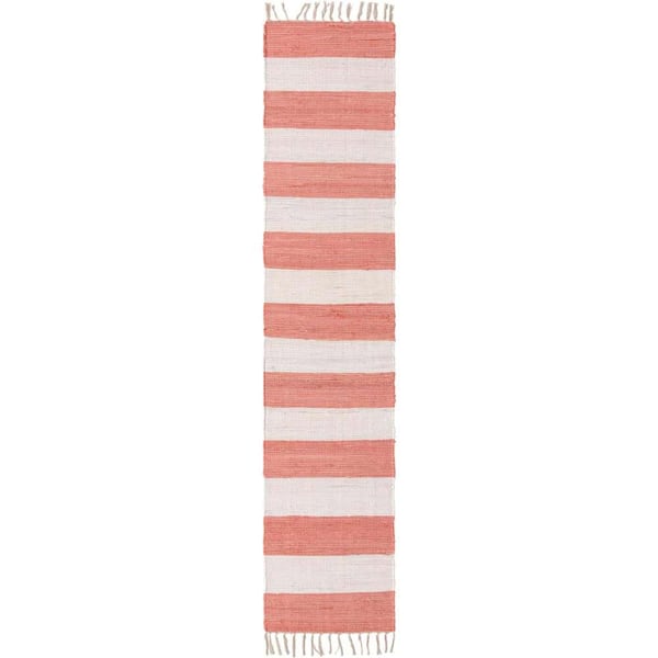 Unique Loom Chindi Rag Striped Coral and Ivory 2 ft. 7 in. x 10 ft. Area Rug