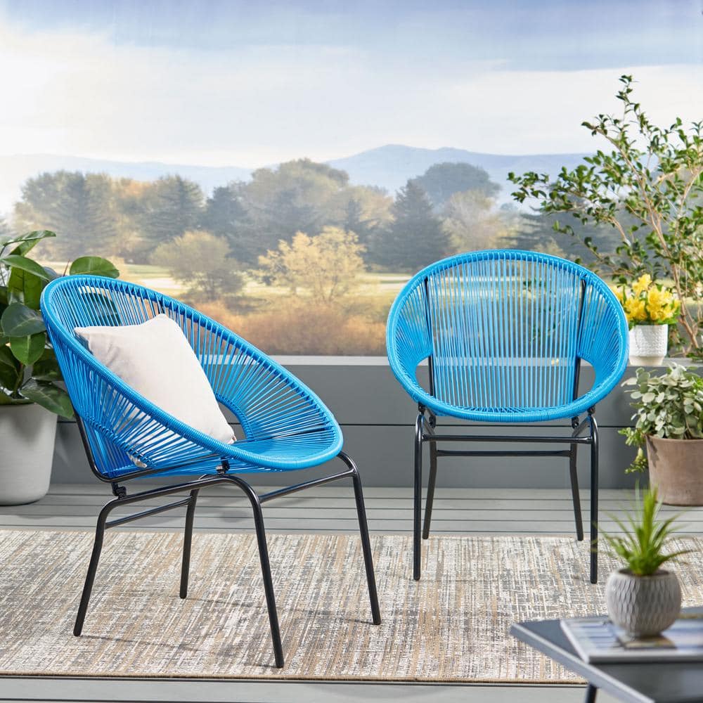 Blue Metal Rattan Outdoor Lounge Chairs, Patio Weave Club Chairs Dining Cha