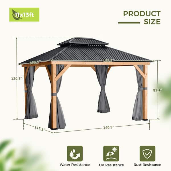 EGEIROSLIFE 11 ft. x 13 ft. Double Roof Hardtop Wooden Patio