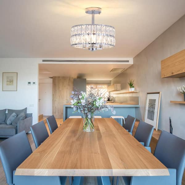 12.59 in. 3-Light Chrome Round Drum Semi-Flush Mount Ceiling Light with Clear Crystal and No Bulbs Included