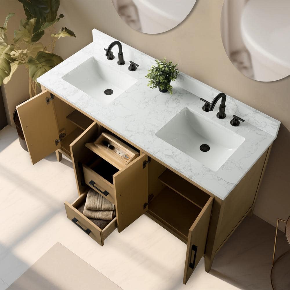 60" Natural Oak Double Sink Bathroom Vanity with Marble Top