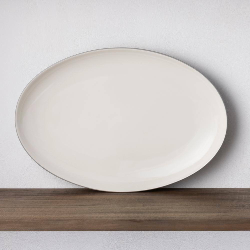 White Ceramic Oval Serving Platter with Trim Embellishment