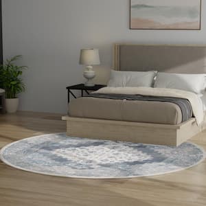 Astra Machine Washable Blue Ivory 8 ft. x 8 ft. Distressed Traditional Round Area Rug