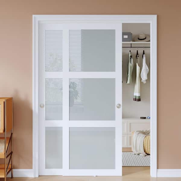56 in. x 80 in. 3-Lites Frosted Glass Preassembled White MDF Sliding Door with Bypass Hardware Kit