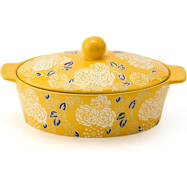 Yellow Ceramic Oval Baking Dish with Lid – Oven & Dutch Oven Safe Casserole for Lasagna, Roast & Pasta