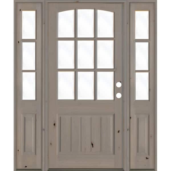 Krosswood Doors 60 in. x 96 in. Knotty Alder Left-Hand/Inswing 1/2-Lite Clear Glass Grey Stain Wood Prehung Front Door with Sidelites