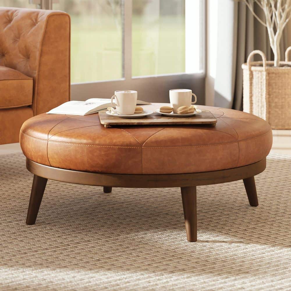 Gio Cognac Tan Leather Round Ottoman price history on PriceWatchPro