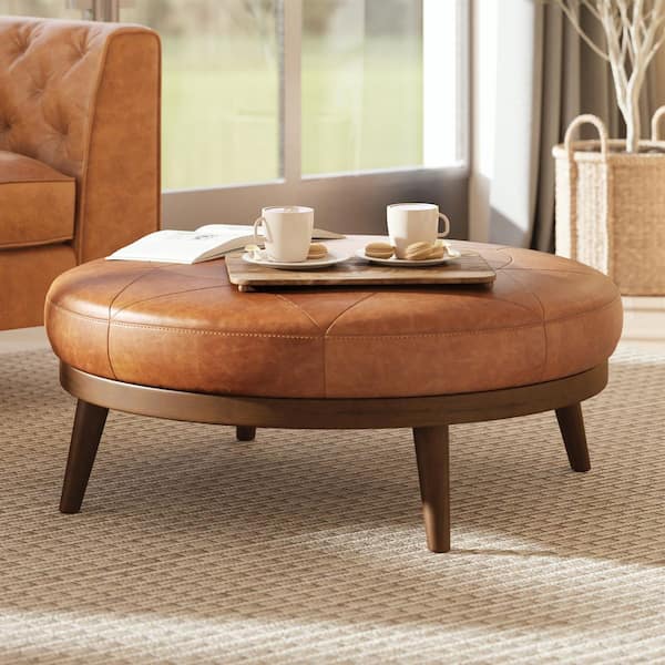 Poly and Bark Gio Cognac Tan Leather Round Ottoman