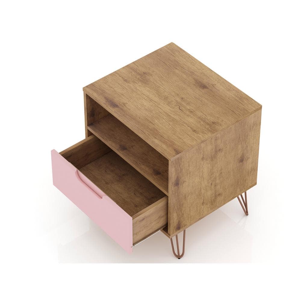 Mid-Century Rose Pink & Natural Nightstand with Metal Legs