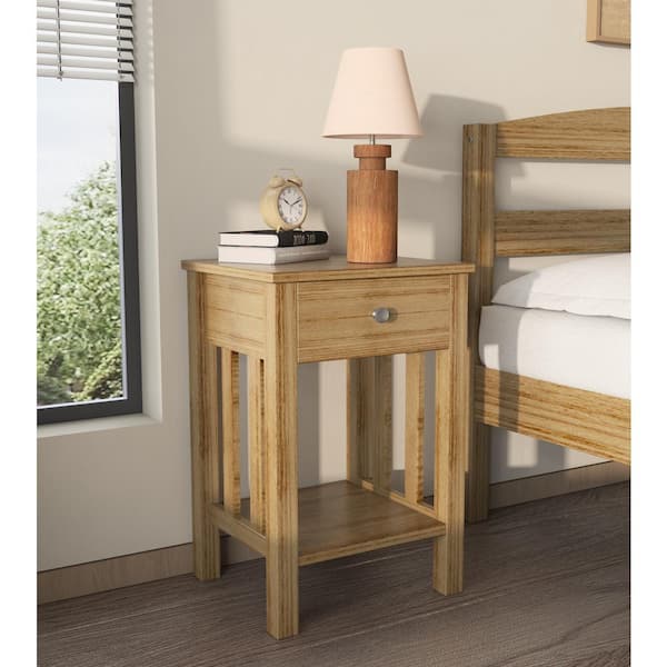 Dwell Home Inc Gabriel 1-Drawer Wood Nightstand with Storage Shelf, End Table, Drawer and Shelf for Small Spaces, Bed Side Table, Oak