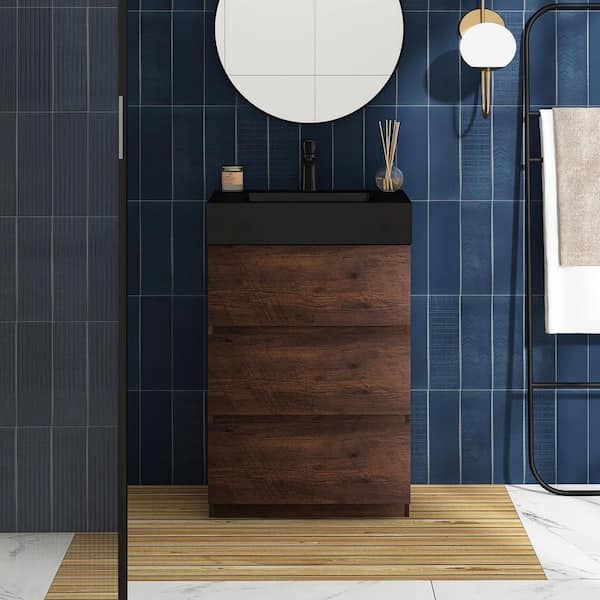 Boosicavelly 24.0 in. W 18.1 in. D 37.0 in. H Single Sink Freestanding Bath Vanity in Walnut with Black Resin Top