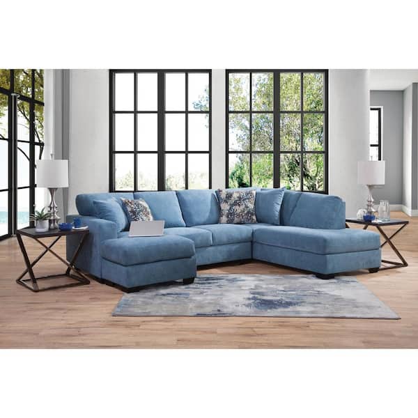 Bluebell 166 in. Square Track Arm 2-Piece Chenille U Shape Sectional Sofa in Blue Chenille with 4-Throw Pillows