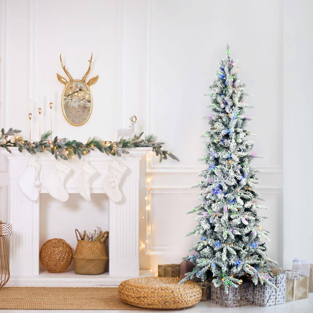 Slim Flocked 7.5-Foot Mountain Pine Christmas Tree with Multicolor LED Lights