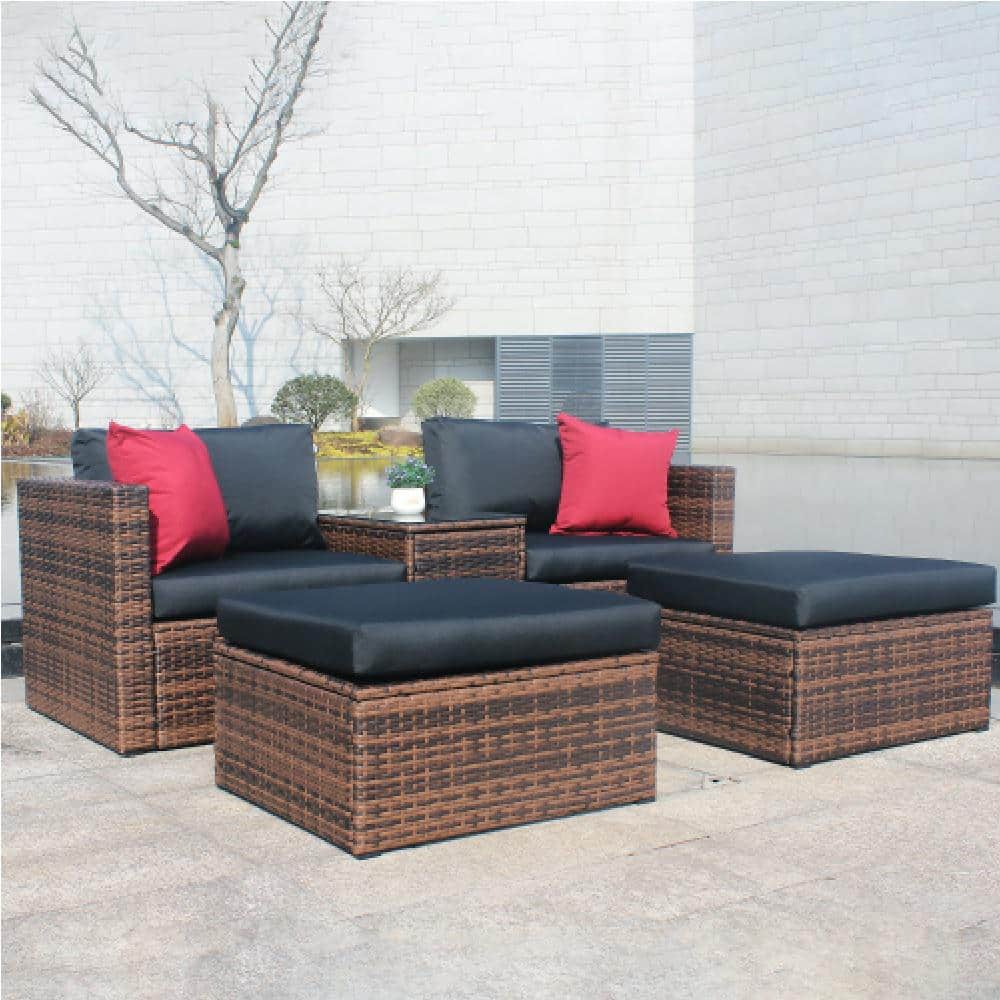 Garden Patio Brown 5-Piece Wicker Outdoor Sectional Set with Black Cushions with Red Pillow price history on PriceWatchPro