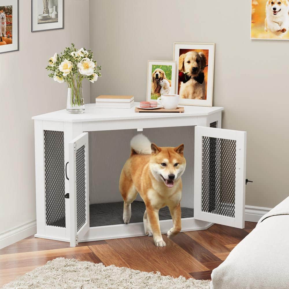 Image showcasing FUFU&GAGA White Corner Dog Crate, Wooden Dog Kennel with Cushion ...