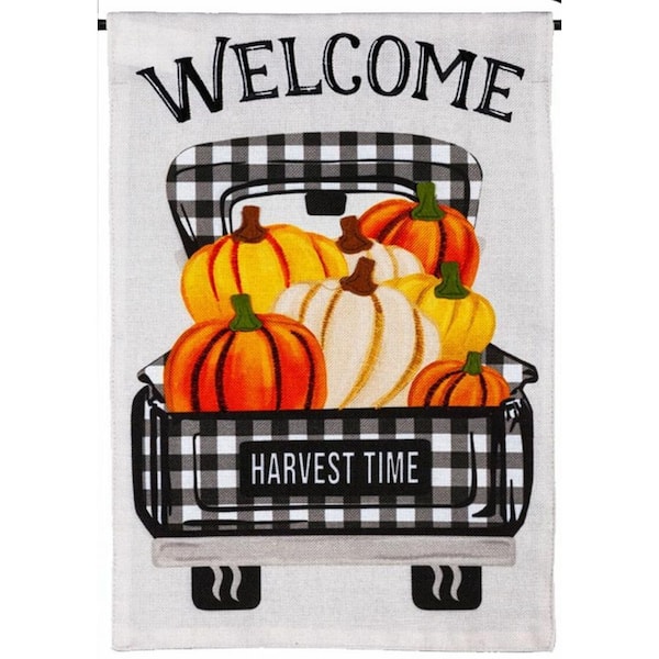Meadow Creek 1 ft. x 1-1/2 ft. Pumpkin Plaid Truck Garden Flag