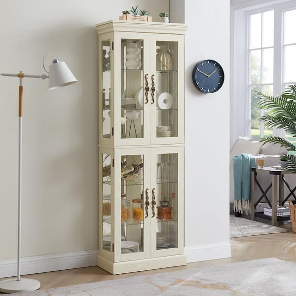 71 in. H White Glass Display Cabinet, Accent Storage Cabinet with LED Lighted Curio w/ Adjustable Shelves and Wood Frame