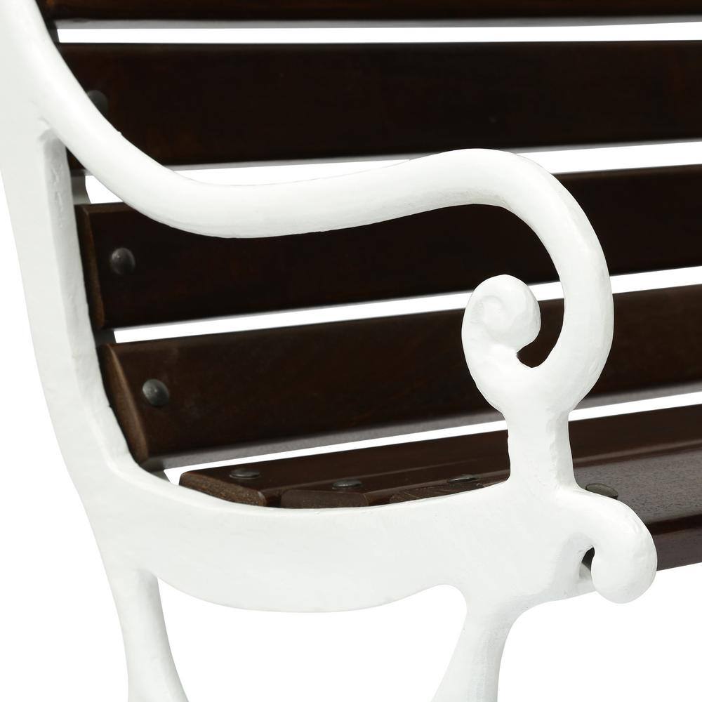 Rustic Brown Acacia & White Iron Floral Outdoor Bench