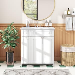 18 in. W x 30 in. D x 34.5 in. H Freestanding Bath Vanity in White with Single White Resin Top