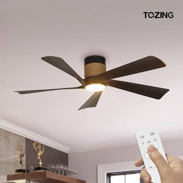 52 in. LED Smart Indoor Black and Wood Modern Industry Low Profile Semi Flush Mount Ceiling Fan Light with Remote