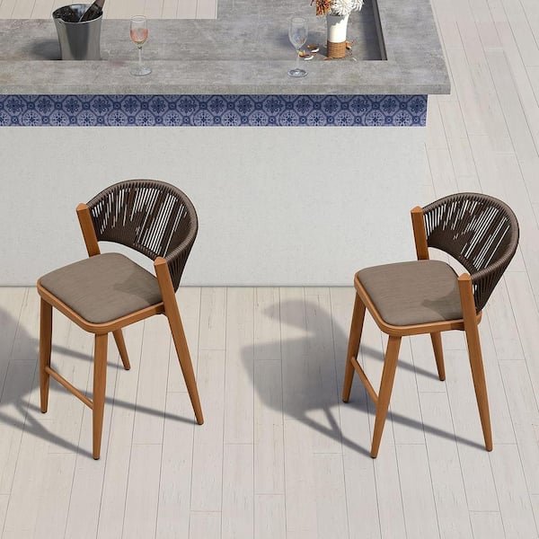 Modern Aluminum Low Back Rattan Counter Height Outdoor Bar Stool with Backrest and Brown Cushion (4-Pack)