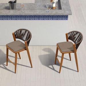 Modern Aluminum Low Back Rattan Counter Height Outdoor Bar Stool with Backrest and Brown Cushion (2-Pack)