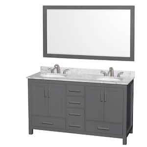 Sheffield 60 in. W x 22 in. D x 35 in. H Double Bath Vanity in Dark Gray with White Carrara Marble Top and 58" Mirror