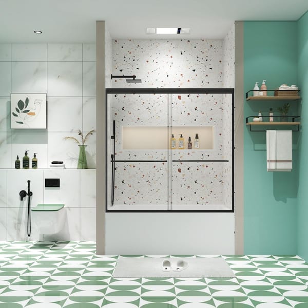 Vitrina 60 in. W x 58 in. H Double Sliding Tub Door in Matted Black with Clear Tempered Glass