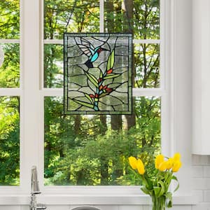 Multicolor Stained Glass Hummingbird With Flower Window Panel