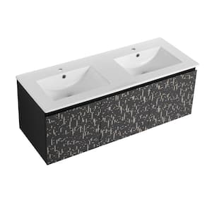 48 in. W Floating Wall-Mounted Bath Vanity in Babysbreath with White Double Bowl Ceramic Top