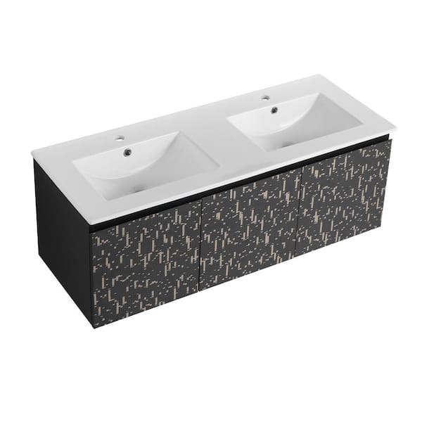 Sarlai 48 in. W Floating Wall-Mounted Bath Vanity in Babysbreath with White Double Bowl Ceramic Top
